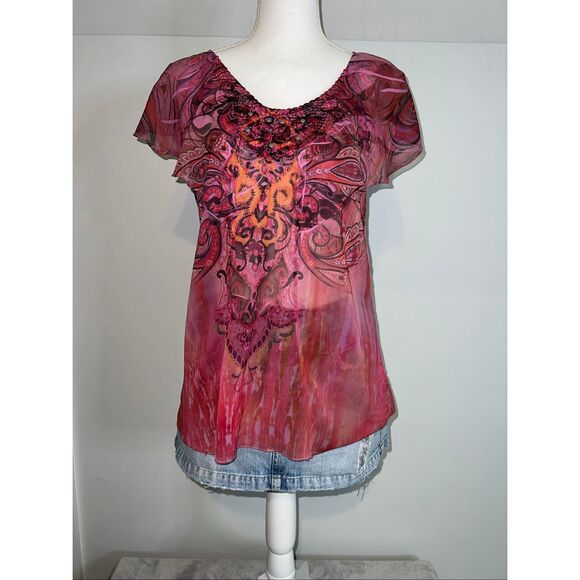 Y2K 2000s Floral Print Lettuce Cap Sleeve Whimsy Fairy Grunge Boho Top SMALL - Picture 2 of 8